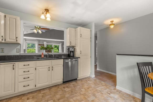 111 Katie Ln, Dover, NH 03820 - kitchen with stainless steel dishwasher, ceiling fan, and stone finish flooring