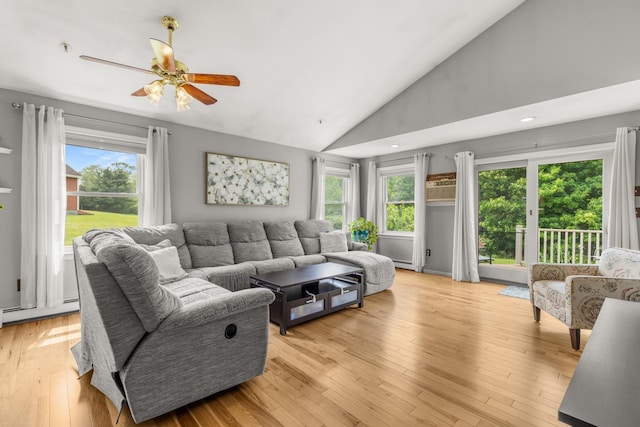111 Katie Ln, Dover, NH 03820 - living area with a ceiling fan, light wood-style floors, high vaulted ceiling, a wall mounted air conditioner, and recessed lighting