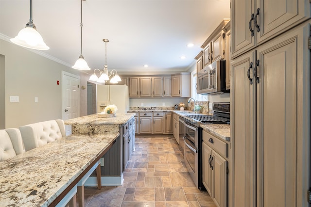 146 Old Sandown Rd, Chester, NH 03036 - kitchen with appliances with stainless steel finishes, a breakfast bar area, ornamental molding, light stone finish flooring, and light stone countertops