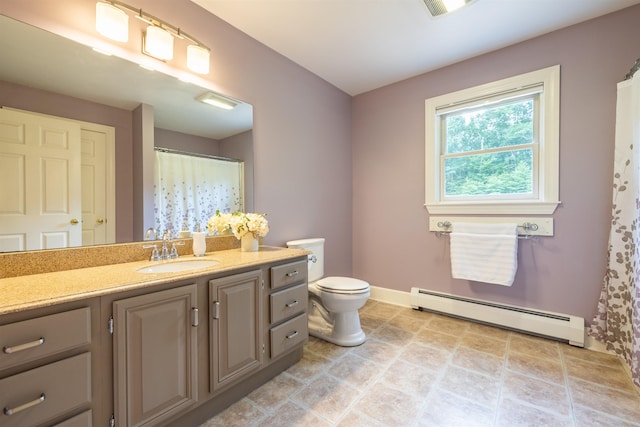 146 Old Sandown Rd, Chester, NH 03036 - bathroom with a baseboard heating unit, vanity, and a shower with curtain