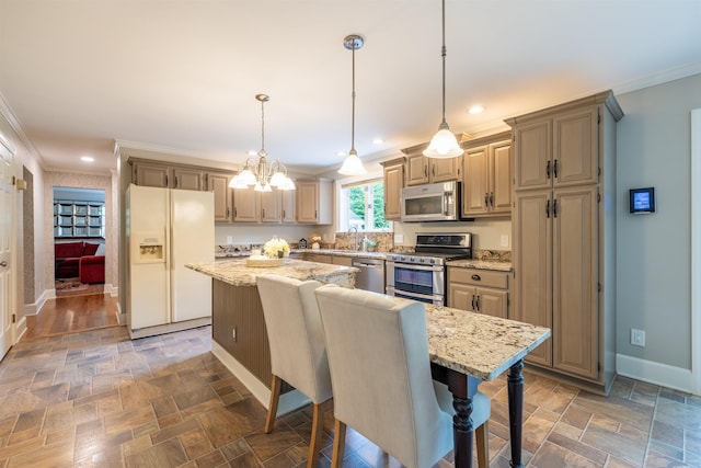 146 Old Sandown Rd, Chester, NH 03036 - kitchen featuring stainless steel appliances, crown molding, a kitchen island, a kitchen breakfast bar, and a chandelier
