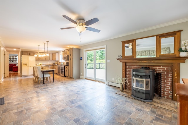 146 Old Sandown Rd, Chester, NH 03036 - living area featuring a wood stove, a ceiling fan, crown molding, baseboard heating, and light stone finish floors