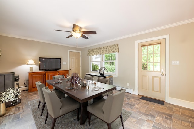 146 Old Sandown Rd, Chester, NH 03036 - dining room with baseboard heating, ornamental molding, a ceiling fan, and light stone finish floors