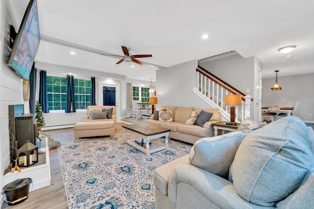 27 Westbrook Dr, New Ipswich, NH 03071 - living room featuring stairs, a ceiling fan, wood finished floors, recessed lighting, and a baseboard heating unit