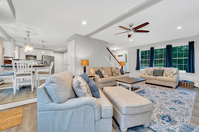 27 Westbrook Dr, New Ipswich, NH 03071 - living area with ceiling fan, light wood finished floors, stairway, and recessed lighting