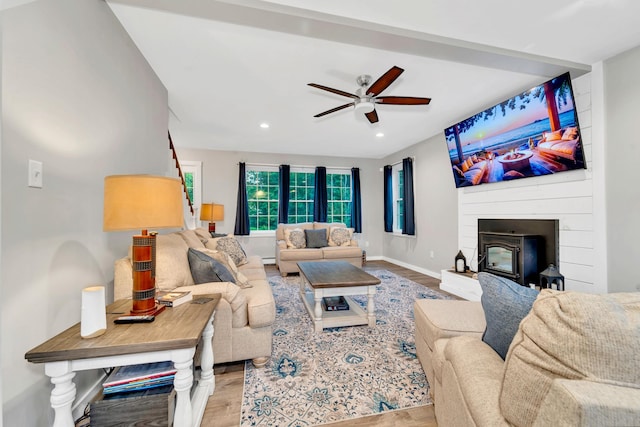 27 Westbrook Dr, New Ipswich, NH 03071 - living room with wood finished floors, a ceiling fan, recessed lighting, and a large fireplace