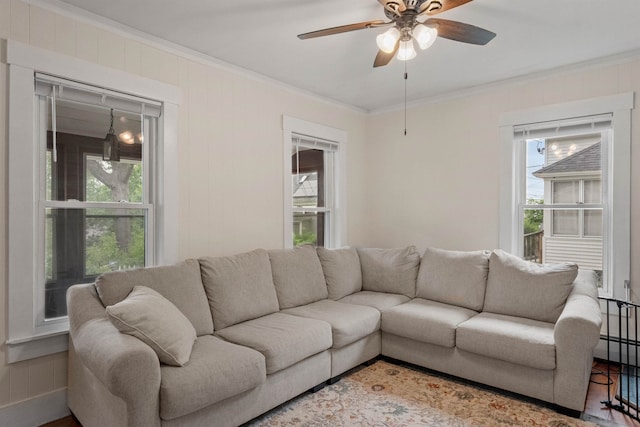 19 Highland St, Concord, NH 03301 - living room featuring crown molding, a ceiling fan, and wood finished floors