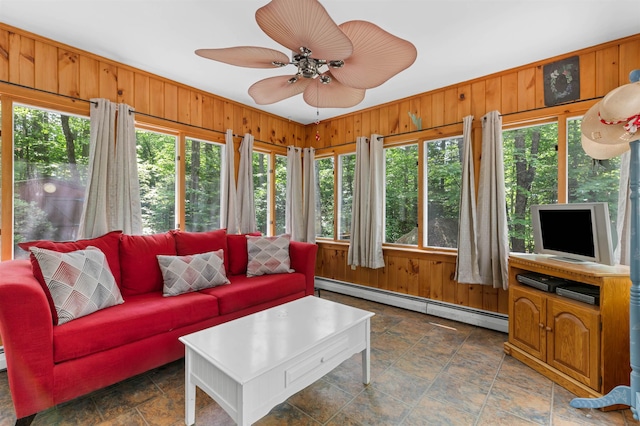 70 Tabor Cir, Albany, NH 03818 - living area with a baseboard radiator, stone finish floors, wood walls, and a ceiling fan