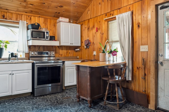 11 Providence Ave, Claremont, NH 03743 - kitchen featuring appliances with stainless steel finishes, vaulted ceiling, healthy amount of natural light, wooden walls, and white cabinetry
