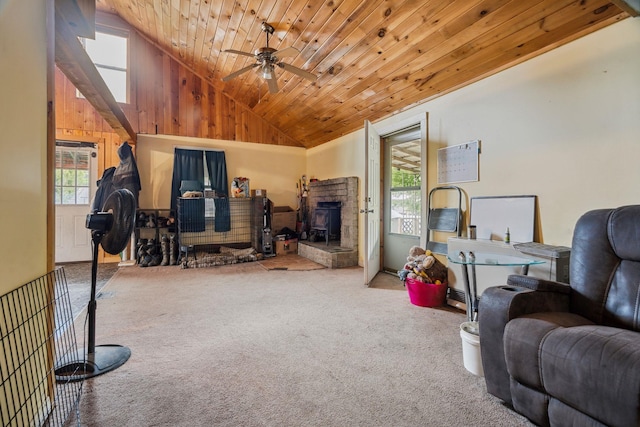 11 Providence Ave, Claremont, NH 03743 - carpeted living room featuring plenty of natural light, a ceiling fan, wood ceiling, and high vaulted ceiling