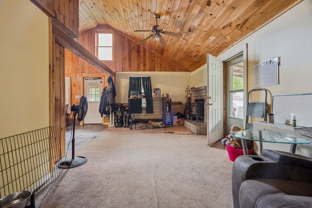 11 Providence Ave, Claremont, NH 03743 - carpeted living room featuring plenty of natural light, wooden ceiling, ceiling fan, and high vaulted ceiling