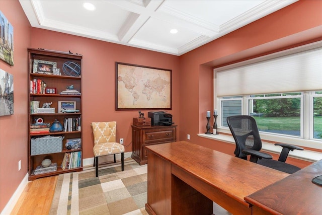 74 Settlers Ct, Bedford, NH 03110 - office area featuring coffered ceiling, beamed ceiling, light wood-type flooring, and recessed lighting