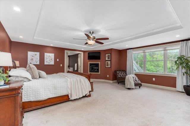 74 Settlers Ct, Bedford, NH 03110 - bedroom featuring a tray ceiling, light carpet, recessed lighting, and ceiling fan