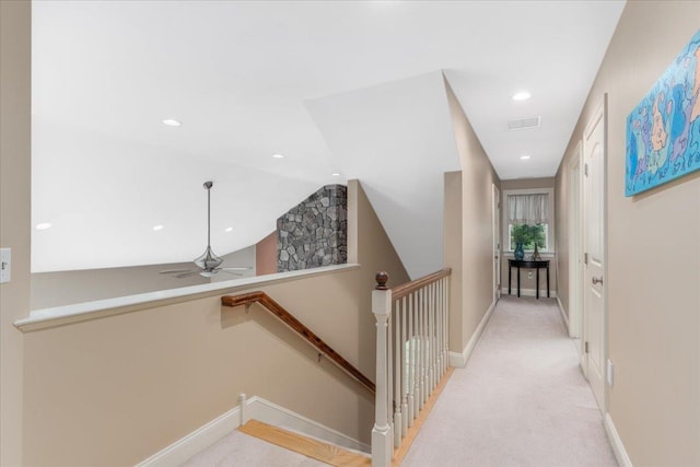 74 Settlers Ct, Bedford, NH 03110 - hallway featuring an upstairs landing, vaulted ceiling, carpet floors, and recessed lighting