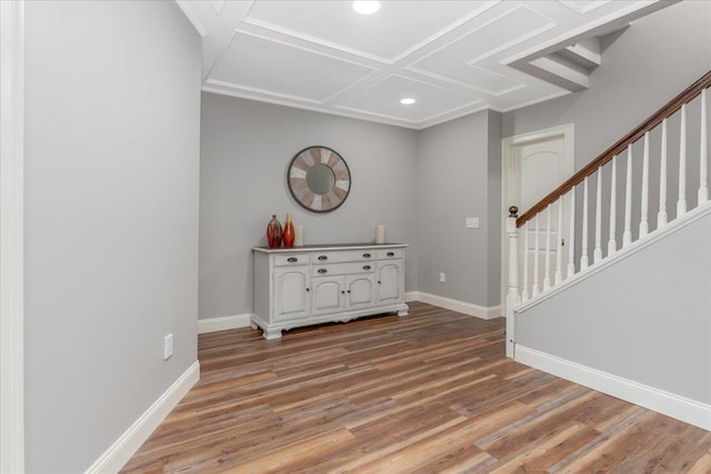 74 Settlers Ct, Bedford, NH 03110 - foyer featuring stairs, light wood-style flooring, coffered ceiling, and recessed lighting