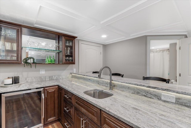 74 Settlers Ct, Bedford, NH 03110 - indoor wet bar with beverage cooler, coffered ceiling, recessed lighting, and beamed ceiling