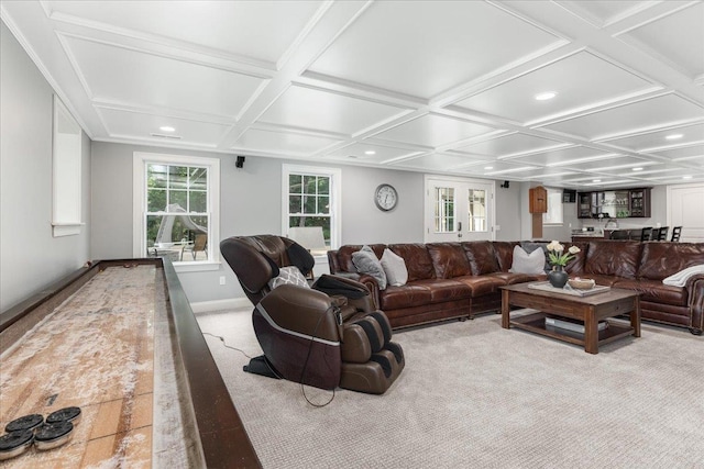 74 Settlers Ct, Bedford, NH 03110 - living room with coffered ceiling, recessed lighting, carpet floors, and beam ceiling