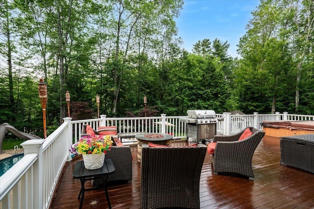 74 Settlers Ct, Bedford, NH 03110 - deck with outdoor dining area, grilling area, and a hot tub