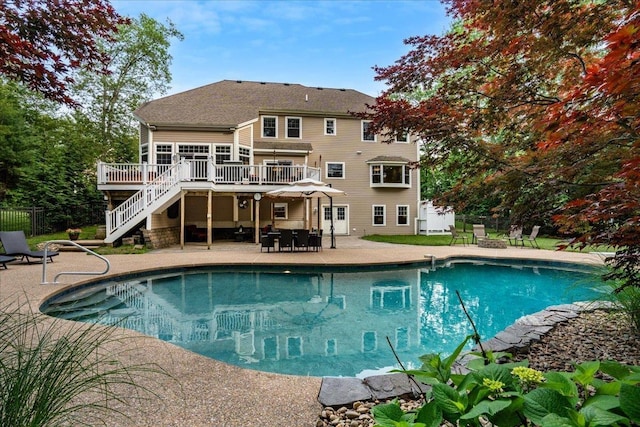 74 Settlers Ct, Bedford, NH 03110 - outdoor pool featuring a deck, stairs, and a patio area