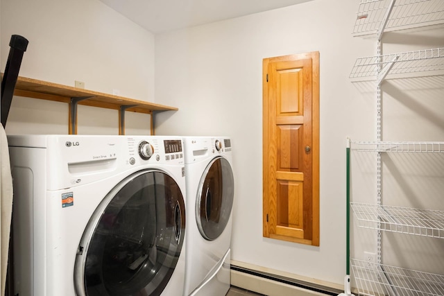 26 Harvard Ln, Bedford, NH 03110 - laundry area featuring a baseboard radiator and washer and dryer