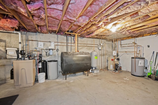 26 Harvard Ln, Bedford, NH 03110 - unfinished below grade area featuring oil tank, water heater, a heating unit, a water pressure tank, and a water softener