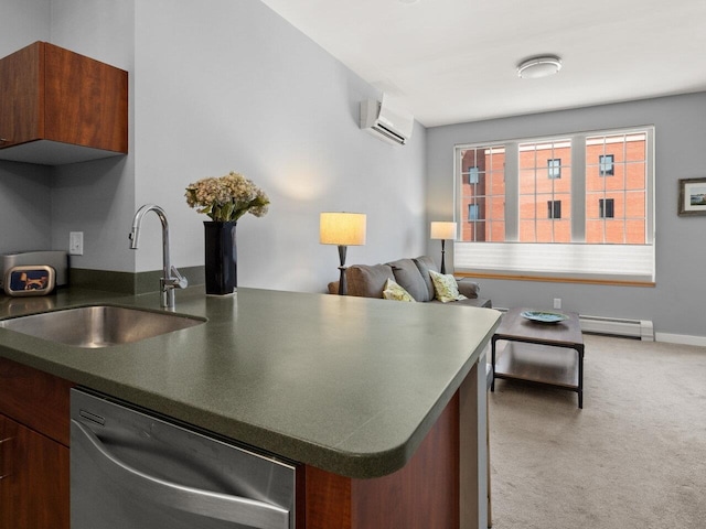 193 Saint Paul St Unit 209, Burlington, VT 05401 - kitchen featuring stainless steel dishwasher, a wall mounted air conditioner, a baseboard heating unit, dark countertops, and light carpet