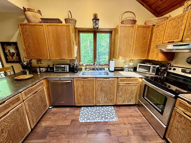 851 German Flats Rd, Fayston, VT 05673 - kitchen featuring appliances with stainless steel finishes, under cabinet range hood, hardwood / wood-style flooring, and vaulted ceiling