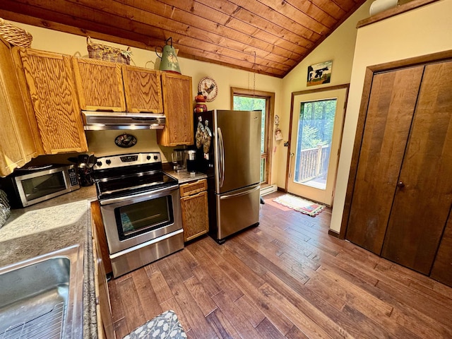 851 German Flats Rd, Fayston, VT 05673 - kitchen with appliances with stainless steel finishes, under cabinet range hood, wood ceiling, brown cabinets, and dark wood finished floors