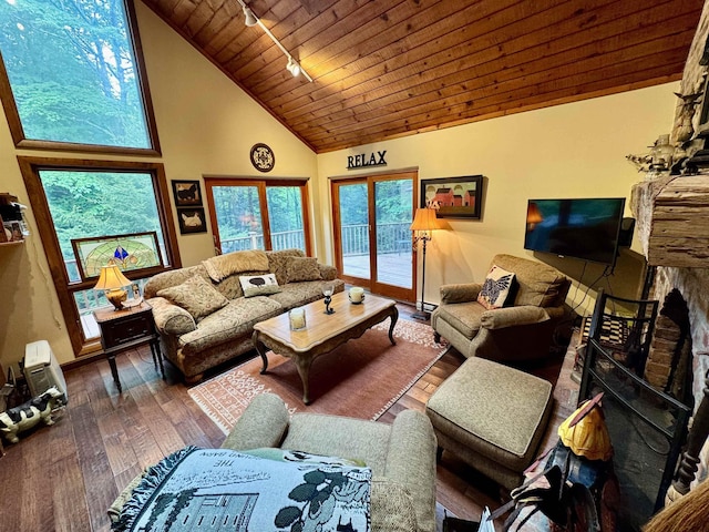 851 German Flats Rd, Fayston, VT 05673 - living area with track lighting, wooden ceiling, wood-type flooring, and high vaulted ceiling