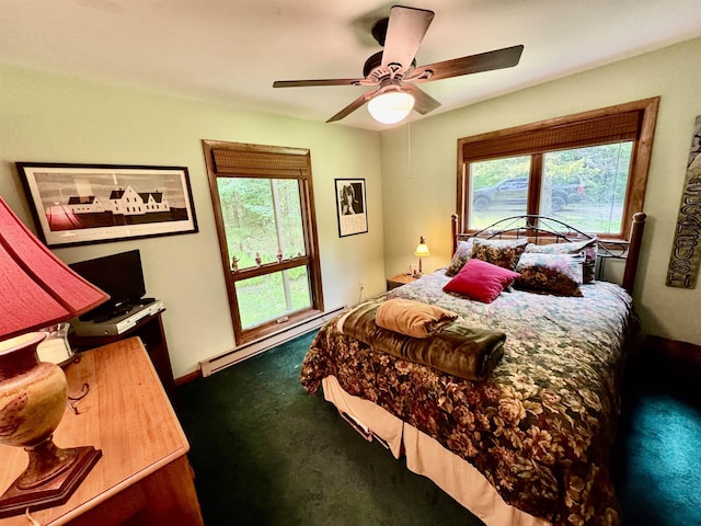 851 German Flats Rd, Fayston, VT 05673 - bedroom with baseboard heating, carpet, multiple windows, and ceiling fan
