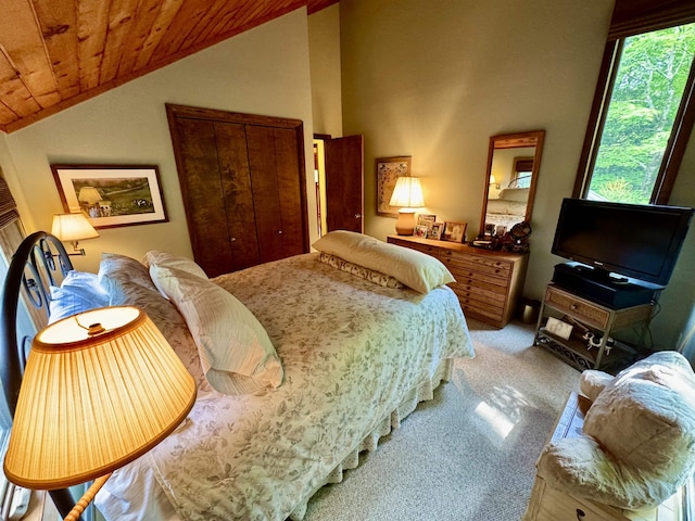 851 German Flats Rd, Fayston, VT 05673 - bedroom with wood ceiling, light colored carpet, and lofted ceiling