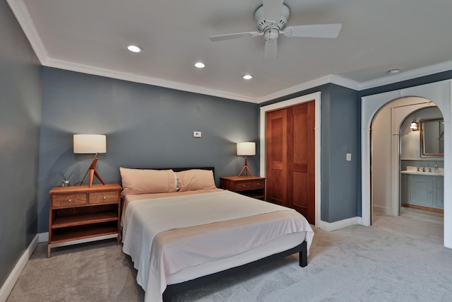 465 Pennell Rd, Chester, VT 05143 - bedroom with carpet flooring, crown molding, arched walkways, recessed lighting, and a closet