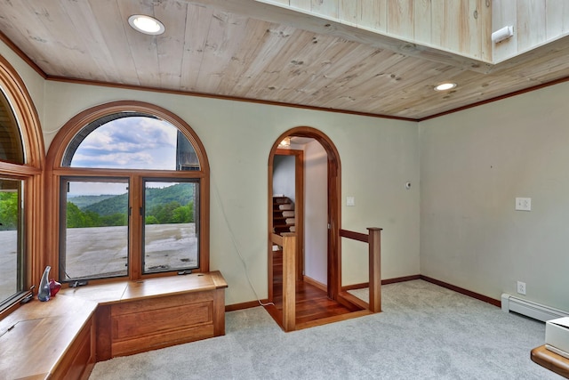 465 Pennell Rd, Chester, VT 05143 - empty room featuring a baseboard heating unit, ornamental molding, carpet, recessed lighting, and arched walkways