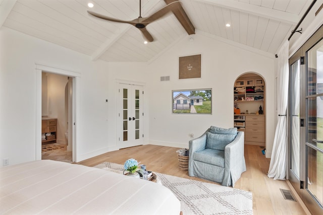1549 Hinesburg Rd, South Burlington, VT 05403 - bedroom featuring light wood finished floors, french doors, ceiling fan, recessed lighting, and a wood ceiling with exposed beams