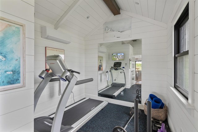1549 Hinesburg Rd, South Burlington, VT 05403 - workout area featuring vaulted ceiling, wood walls, a wall unit AC, and wooden ceiling