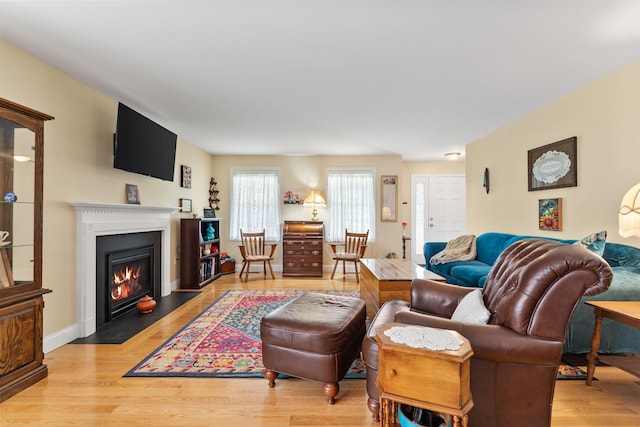 42 Leddy Dr, Epping, NH 03042 - living area with a fireplace with flush hearth and light wood-style floors