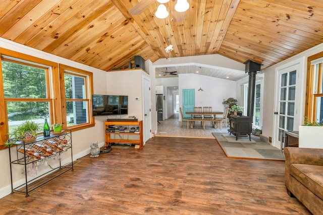 30 Dillon Dr E E, Unit East, Strafford, NH 03884 - living area with a wood stove, wood ceiling, vaulted ceiling, wood finished floors, and ceiling fan