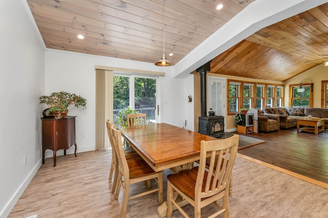30 Dillon Dr E E, Unit East, Strafford, NH 03884 - dining space with wood ceiling, a wood stove, light wood-style floors, lofted ceiling, and recessed lighting