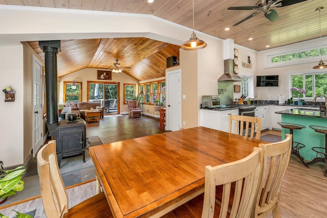 30 Dillon Dr E E, Unit East, Strafford, NH 03884 - dining room featuring a ceiling fan, wooden ceiling, a wood stove, vaulted ceiling, and light wood-type flooring