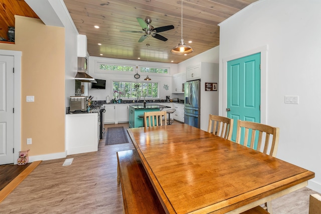 30 Dillon Dr E E, Unit East, Strafford, NH 03884 - dining space featuring wood ceiling, light wood-style flooring, a ceiling fan, and recessed lighting