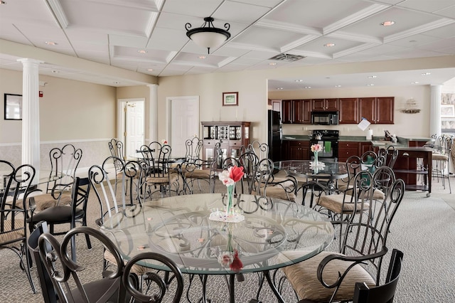 118 Secretariat Way Unit 115, Rochester, NH 03867 - dining area featuring ornate columns, coffered ceiling, light carpet, recessed lighting, and beamed ceiling