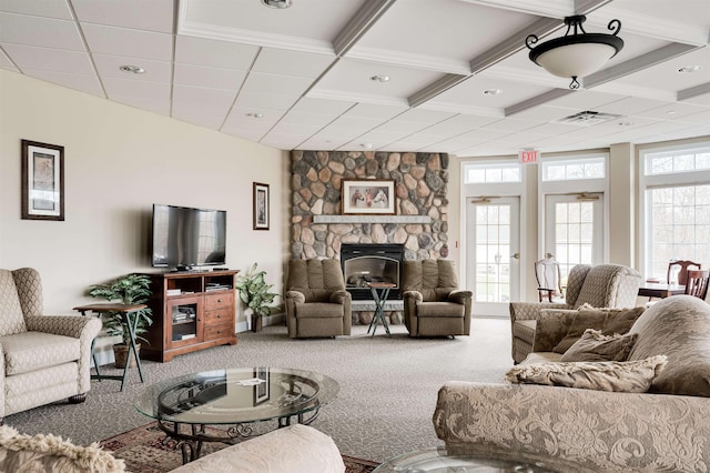 118 Secretariat Way Unit 115, Rochester, NH 03867 - carpeted living room featuring beam ceiling, coffered ceiling, a fireplace, and recessed lighting