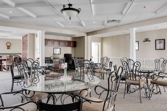 118 Secretariat Way Unit 115, Rochester, NH 03867 - dining space featuring ornate columns, coffered ceiling, light colored carpet, recessed lighting, and beamed ceiling