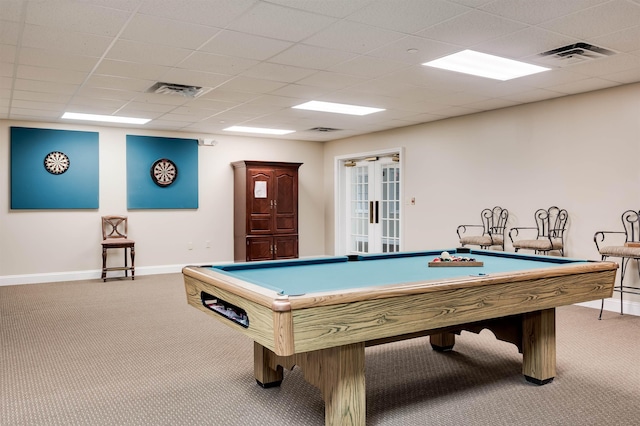 118 Secretariat Way Unit 115, Rochester, NH 03867 - rec room featuring carpet flooring, pool table, french doors, and a paneled ceiling