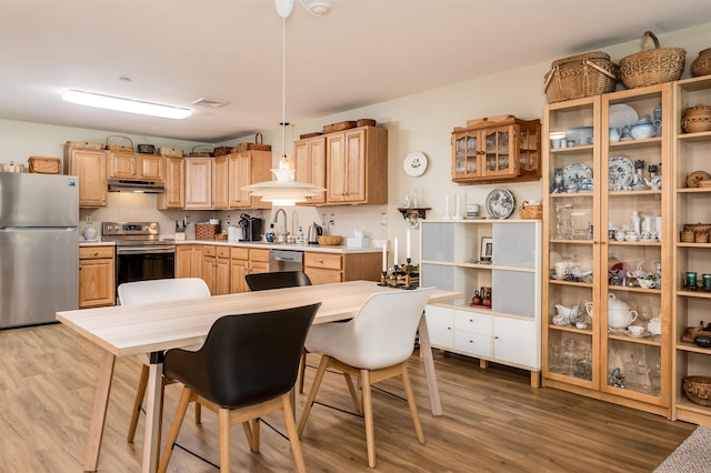 118 Secretariat Way Unit 115, Rochester, NH 03867 - kitchen featuring appliances with stainless steel finishes, under cabinet range hood, wood finished floors, and light countertops