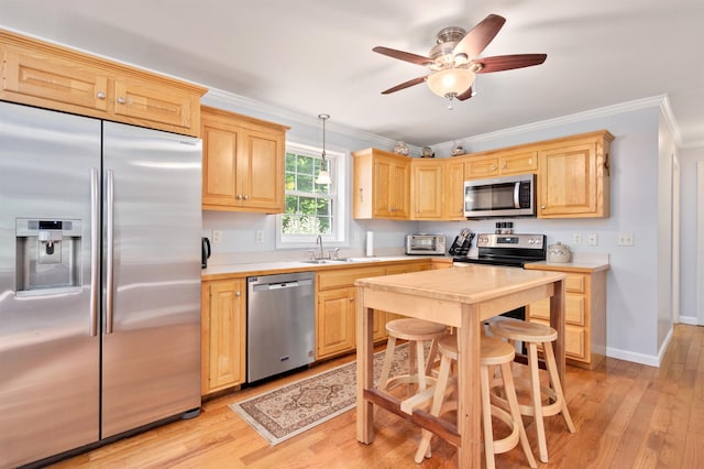 202 Cherry Valley Rd, Alton, NH 03810 - kitchen with stainless steel appliances, crown molding, light brown cabinetry, light countertops, and ceiling fan