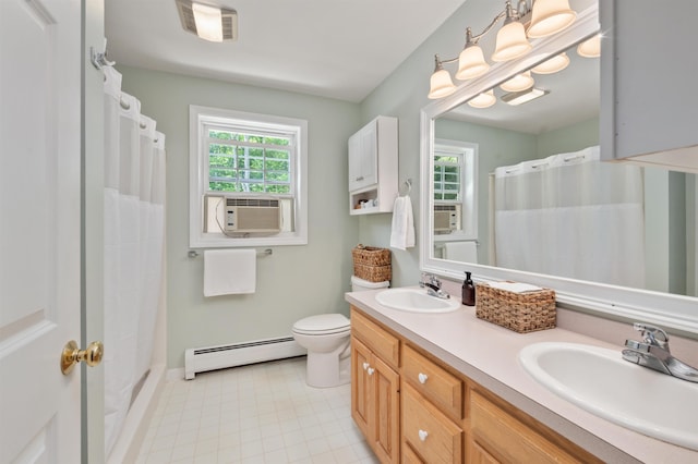 202 Cherry Valley Rd, Alton, NH 03810 - full bath featuring a baseboard radiator, cooling unit, double vanity, and a shower with curtain