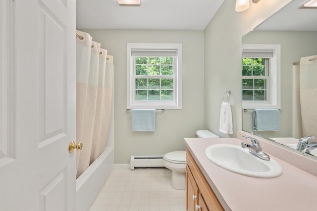 202 Cherry Valley Rd, Alton, NH 03810 - full bathroom featuring a baseboard radiator, vanity, and shower / bath combo with shower curtain