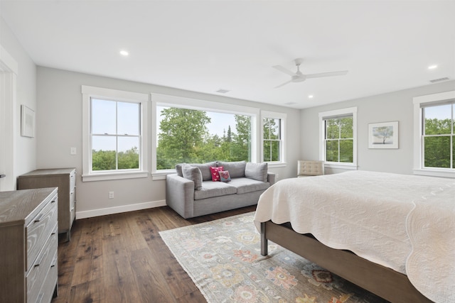 88 Stonehouse Rd, New London, NH 03257 - bedroom featuring dark wood-style floors, recessed lighting, and a ceiling fan