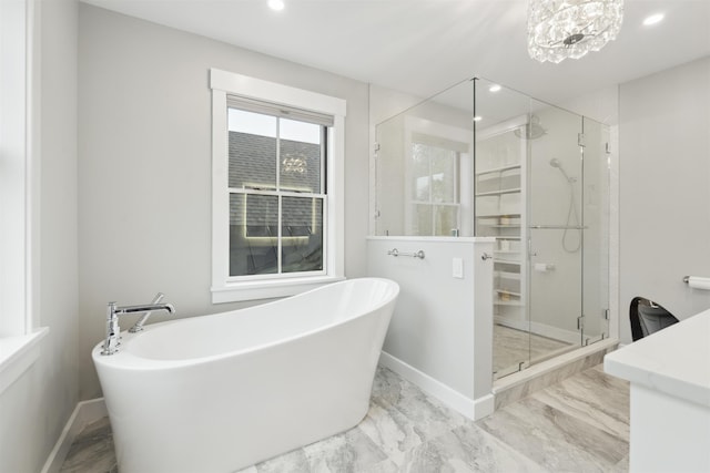 88 Stonehouse Rd, New London, NH 03257 - full bathroom with a stall shower, a soaking tub, recessed lighting, marble finish flooring, and vanity